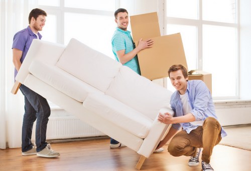 Packing support for a flat move with labelled boxes and protective wrapping